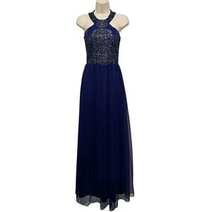 Navy Blue Halter Neck Embellished Bodice Tulle Skirt Evening Gown Sleeveless Sz3